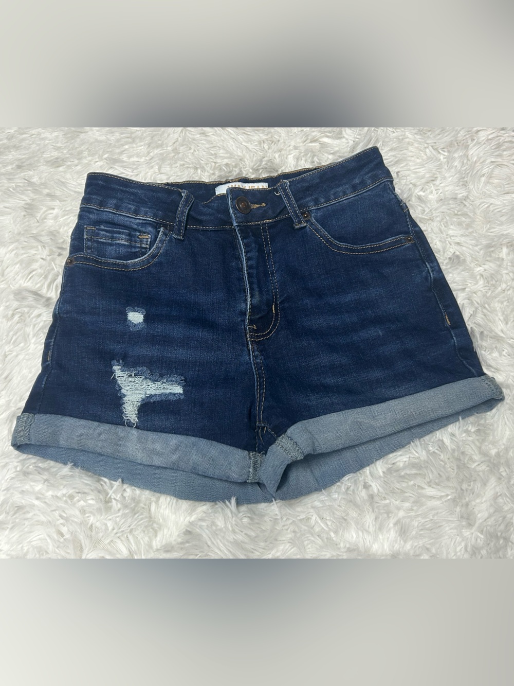 High Waist Wax Jean Dark Blue Denim Rolled Cuff Distressed Jean Shorts